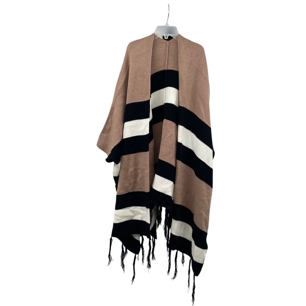 Haptics Womens Knit Poncho Sweater Open Front Stripes Fringe One Size Fits All